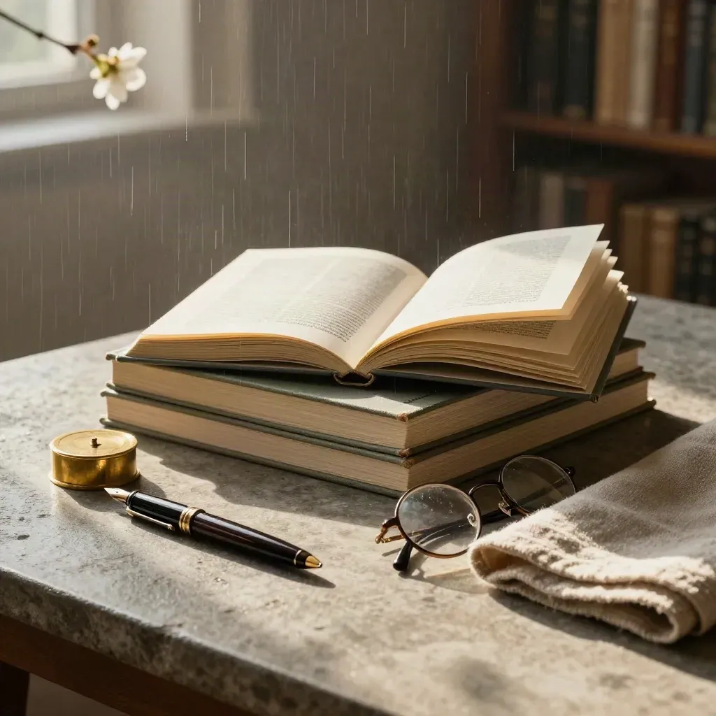 Natura morta editoriale con journal aperto, penna, occhiali e luce di pioggia su pietra.