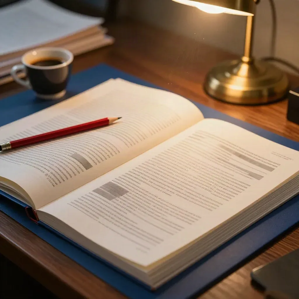 Prove editoriali, matita rossa, espresso e lampada su una scrivania di redazione.