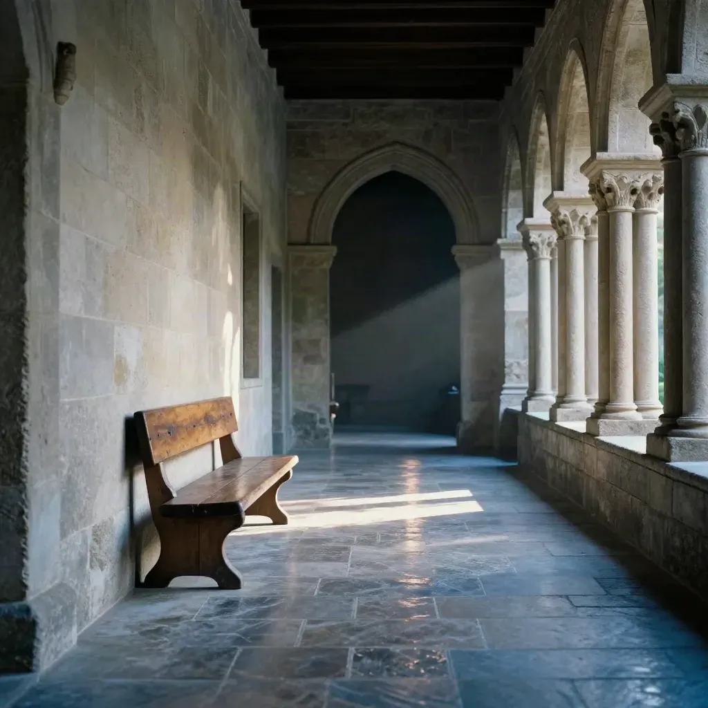 Chiostro in pietra con panca, luce del mattino e pavimento lucido in diagonale.