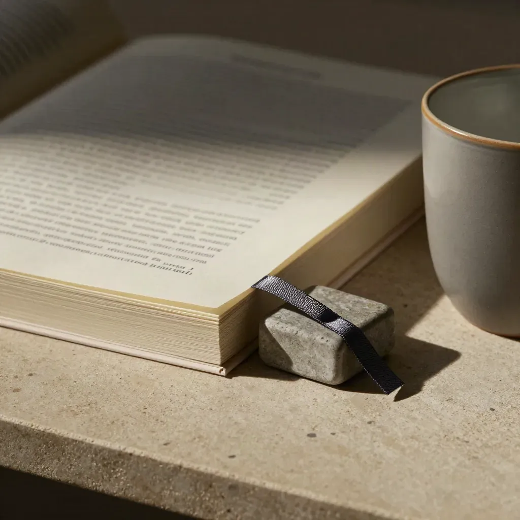 Angolo di pagina con segnalibro, peso in pietra e tazza sul tavolo di lettura.