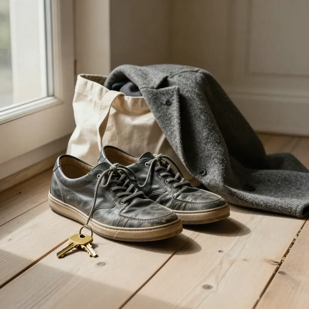 Scarpe da città usurate, borsa di tela, chiavi e cappotto piegato su legno chiaro